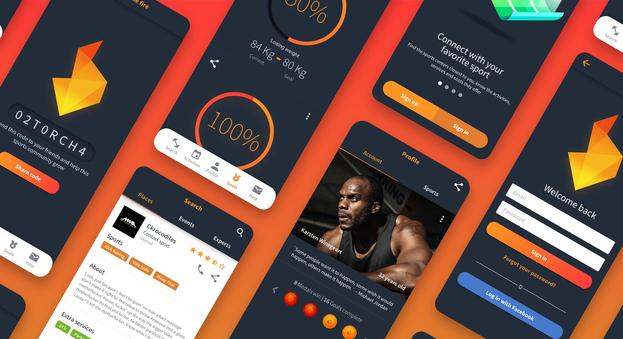 Antorcha app screens in the orange and dark visual style