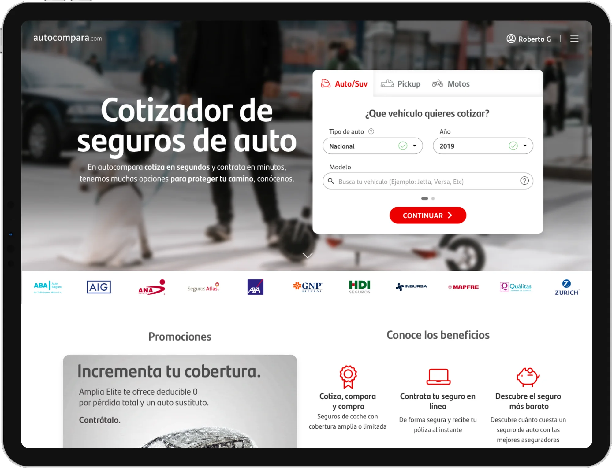 Redesigned Autocompara.com on a tablet