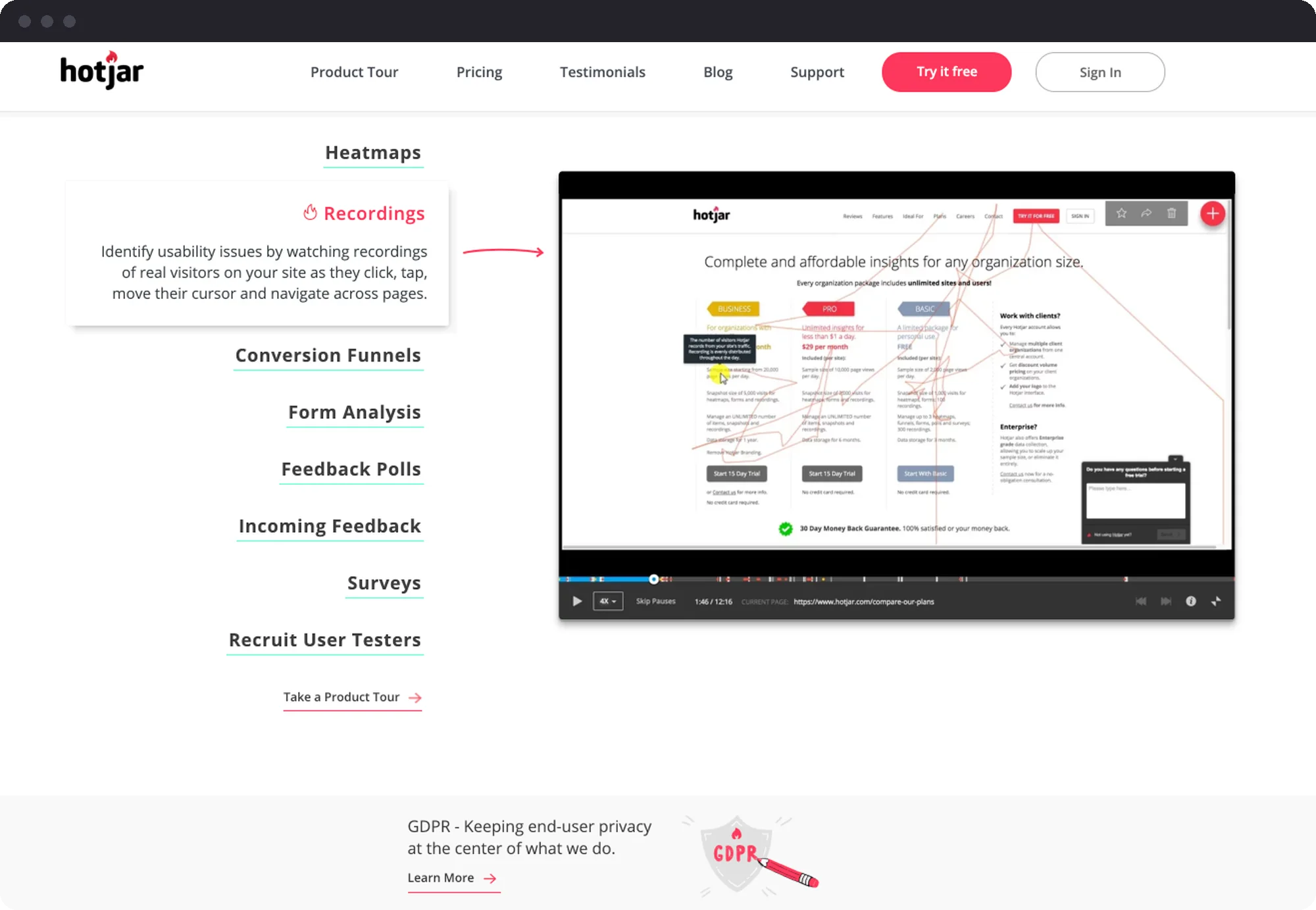 Hotjar set up to measure the funnel and collect feedback