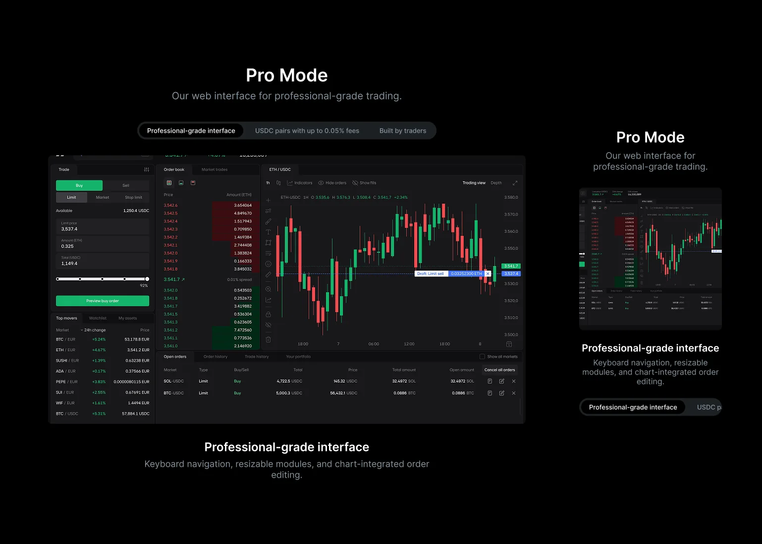 The carousel component on desktop and mobile, dark theme