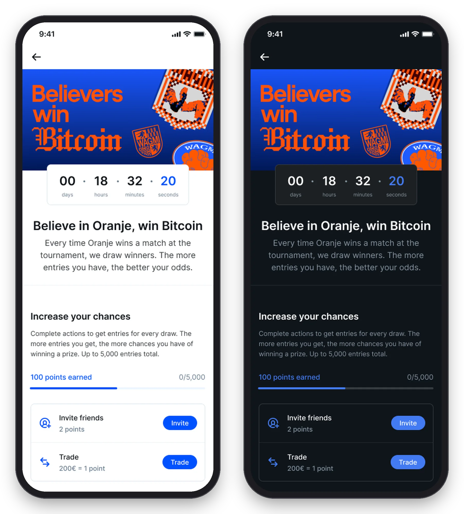 The WAGMI campaign in the Bitvavo app, light and dark