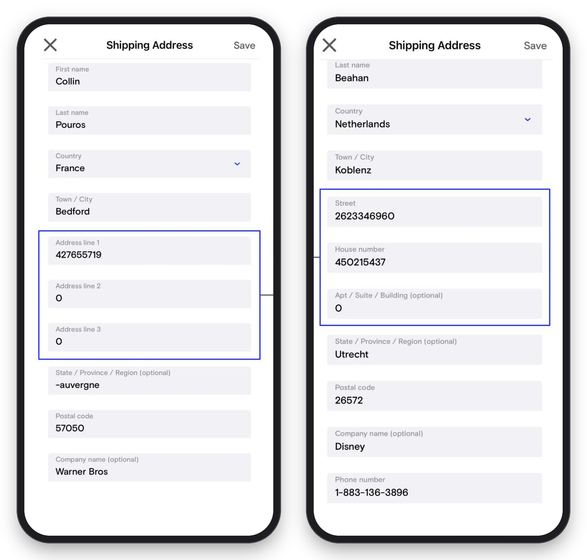 Old address forms: users outside vs. inside NL, BE and DE