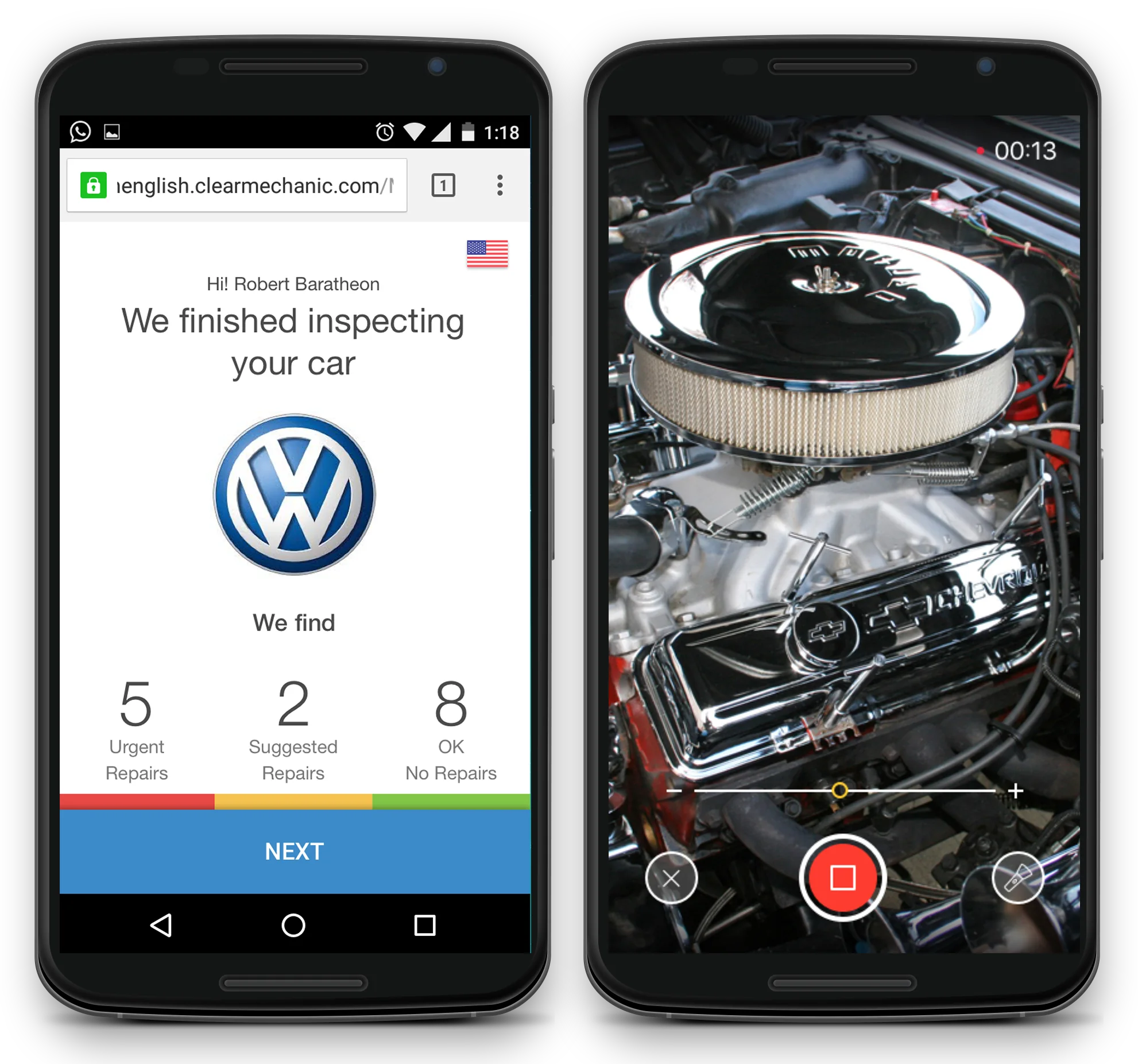Clear Mechanic inspection report and photo capture on two phones