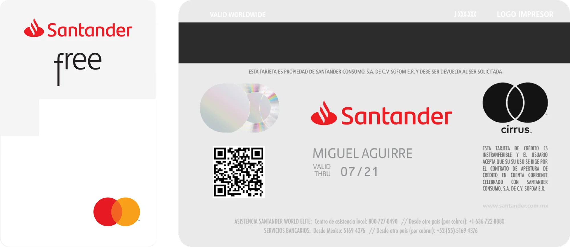 The Santander Free card with no printed data, front and back