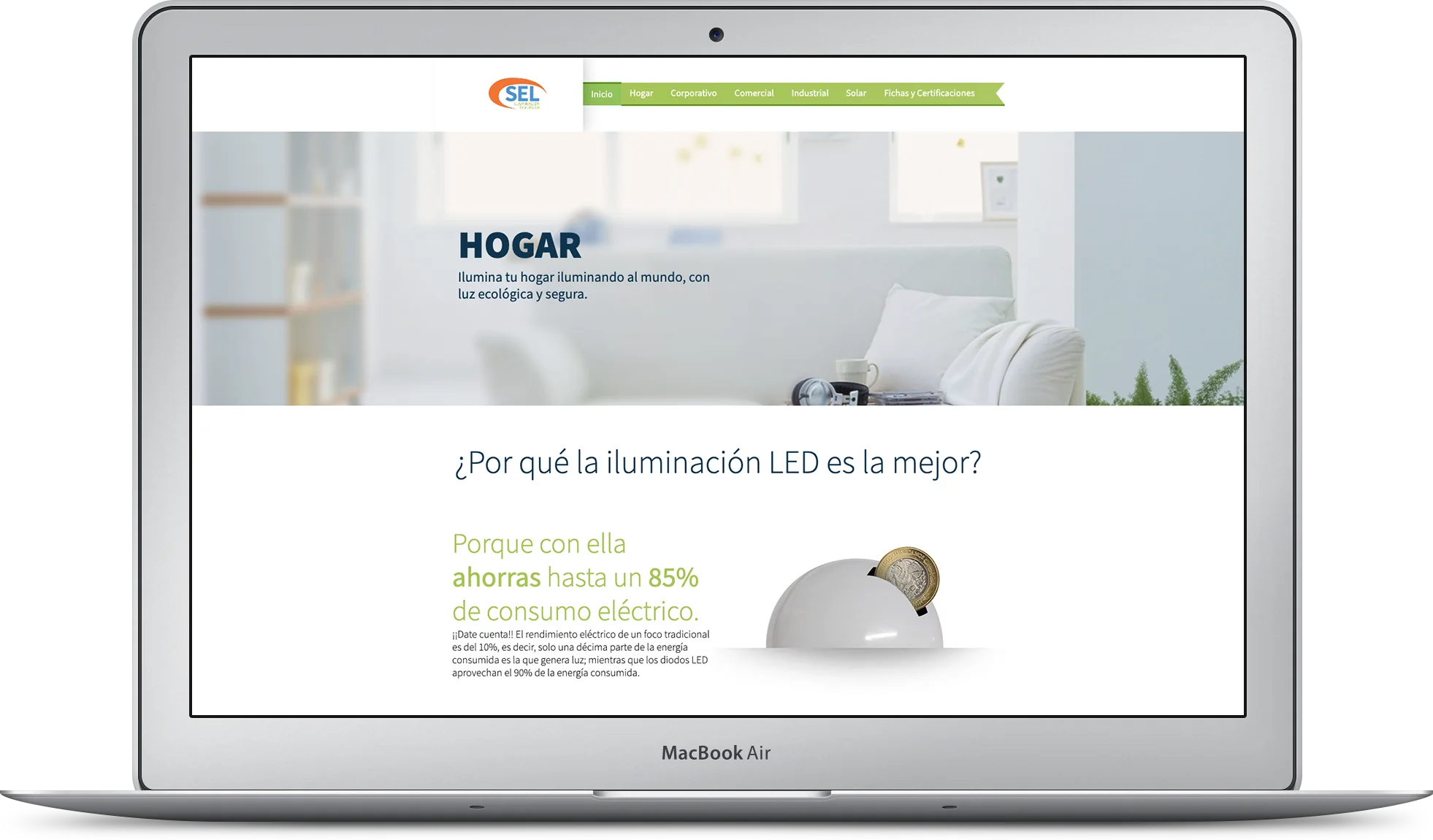 Sun Energy Led website on a laptop, with an LED bulb