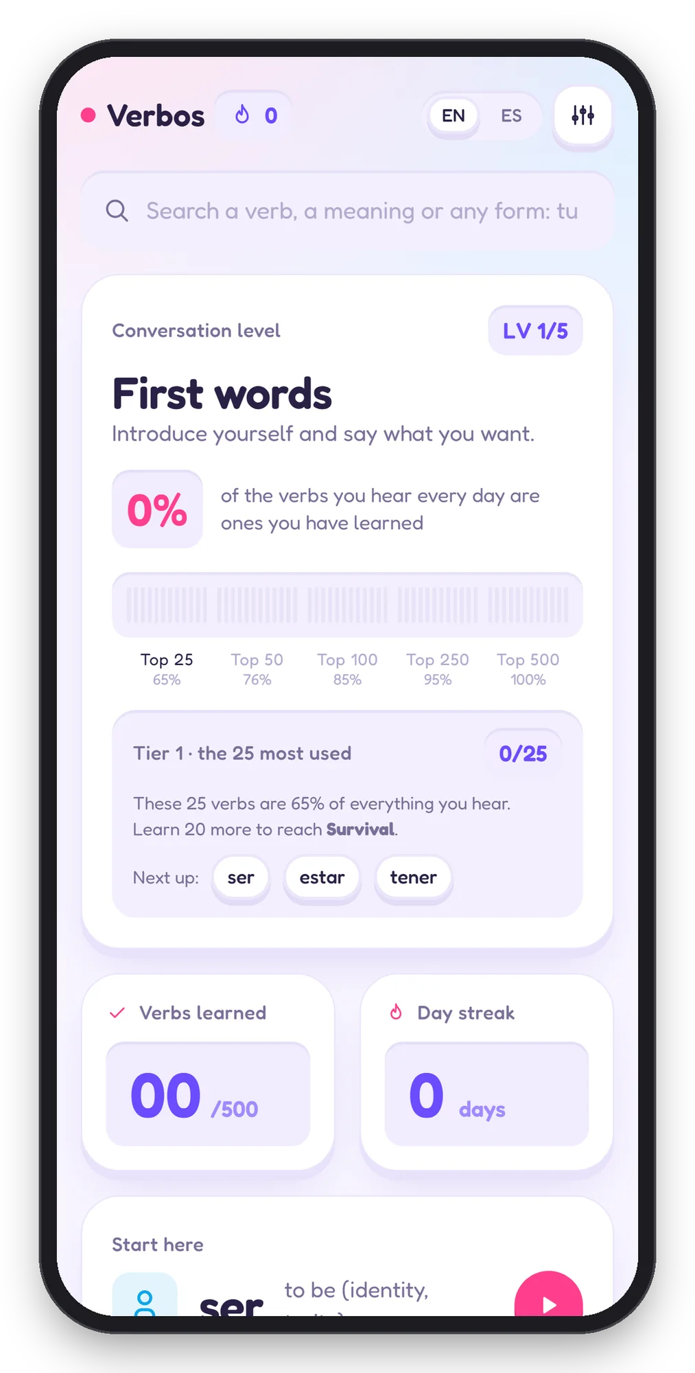 Verbos web app on a phone, Soft pop theme